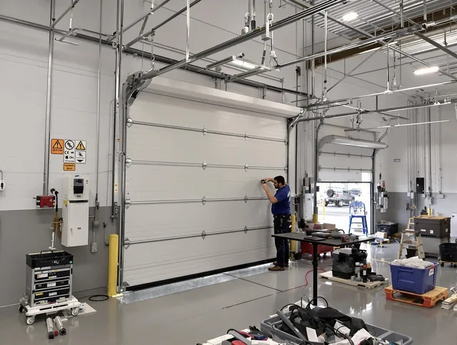 Commercial garage door repair being performed by Norco Garage Door Repair expert in Norco