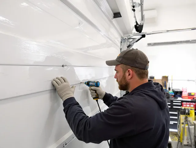 Norco Garage Door Repair technician demonstrating precision dent removal techniques on a Norco garage door